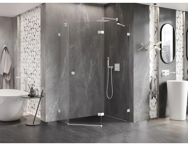 Mexen Lunar, pravý výklopný päťuholníkový sprchový kút 90 x 80 cm, 8mm číre sklo, biely profil, 831-090P-080L-20-00-P