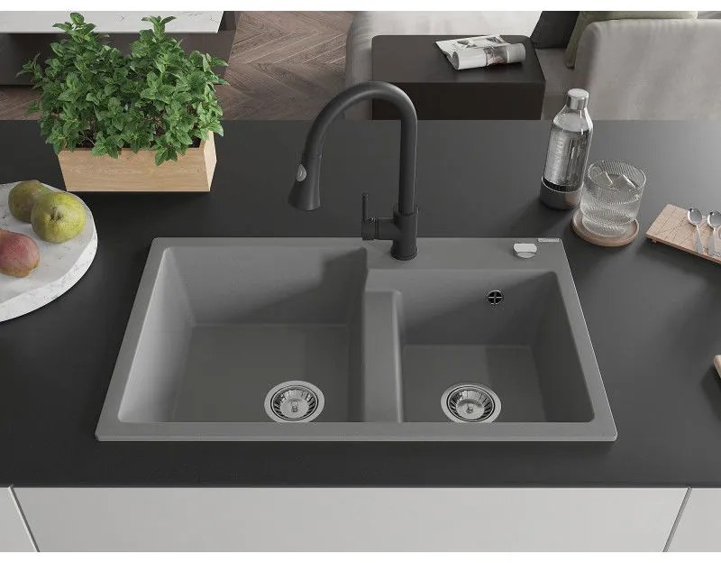Mexen Tomas, 2-komorový granitový drez 800x500x190 mm a drezová batéria Elia, šedá, 6516-71-670101-70