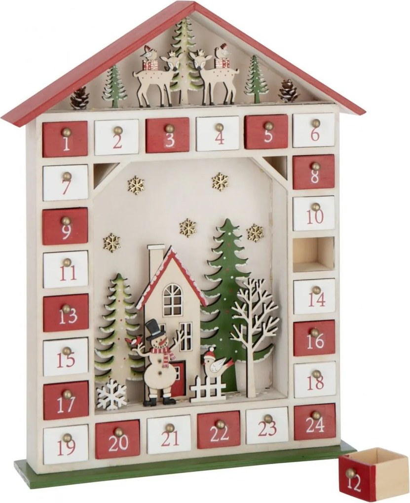 Vianočný adventný kalendár House LED červený/biely J-line – 31*7*40 cm