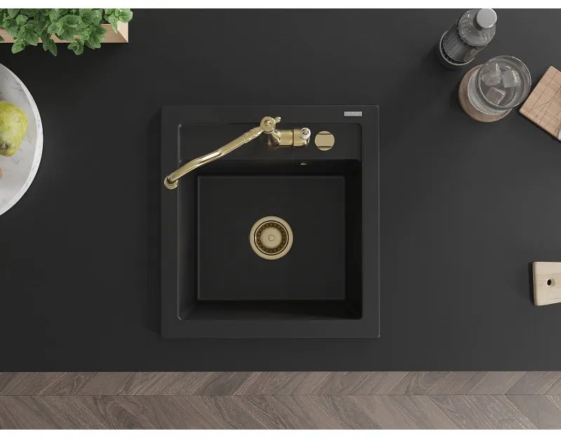 Mexen Vito, granitový drez 490x520x210 mm, 1-komorový a drezová batéria Carla, čierna, 6503-77-670700-50