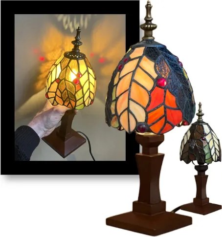 Stolná lampa Tiffany vitáž FLORA_WOOD BASE 33*12 E14