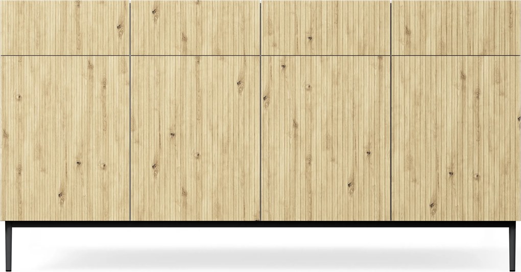 Biela štvordverová komoda Nicole 200 cm so zásuvkami - biela / dub artisan / čierne nohy
