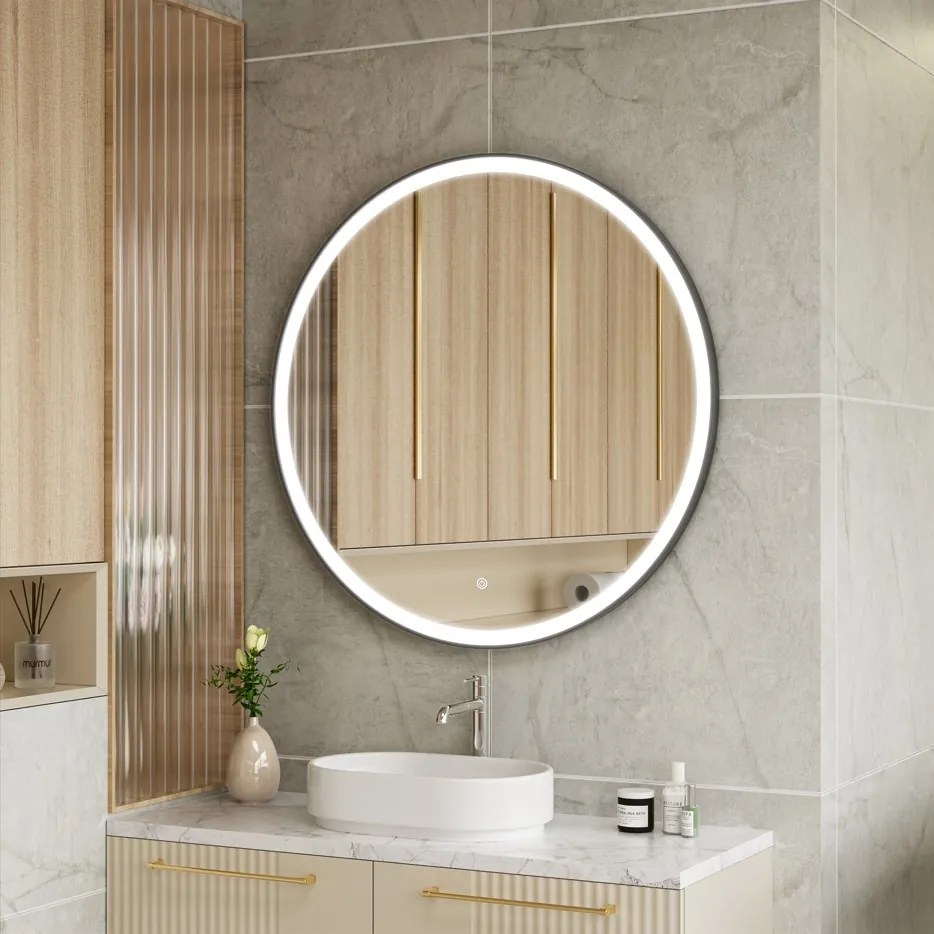 Erga Olivia, okrúhle LED zrkadlo 100cm, čierny kovový rám, 2300 lm, 6500K, predné osvetlenie, ERG-V01-202-1010-BK
