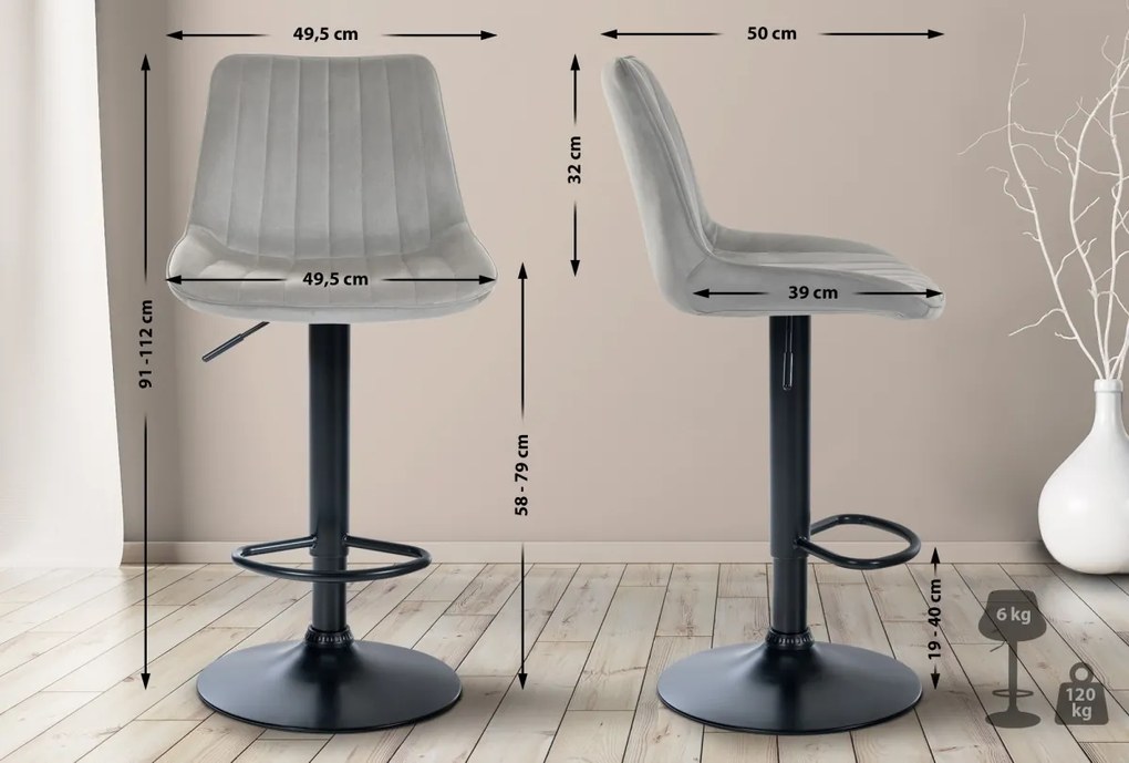 2x Barová stolička Toni - zamat, čierny rám - Sivá