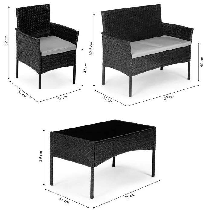 ModernHome Sada ratanového záhradného nábytku - stôl, lavica, 2x kreslo, XS-RTS011 BLACK