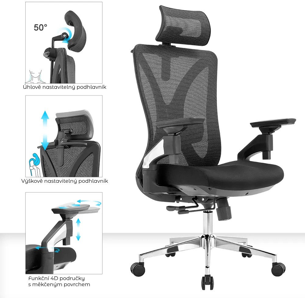Kancelárska ergonomická stolička Neoseat STEVEN — sieť / látka, čierna, nosnosť 150 kg