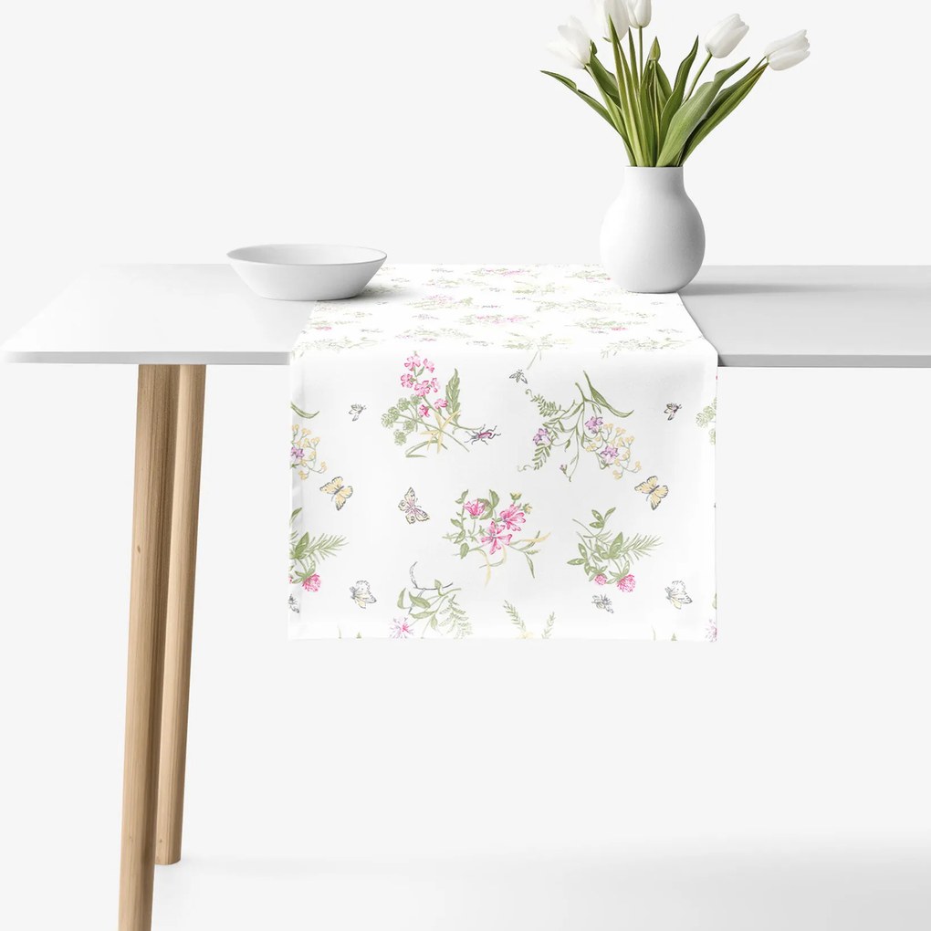 Goldea behúň na stôl 100% bavlnené plátno - farebné lúčne kvety na bielom 20x120 cm