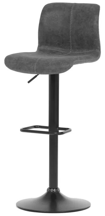 Židle barová, šedá látka v imitaci broušené kůže, černá podnož, výškově stavitelná