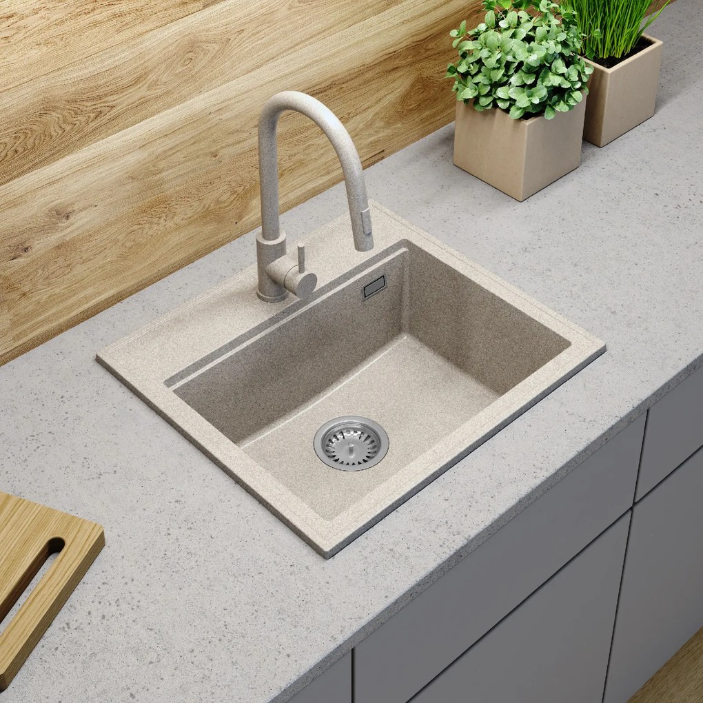 Sink Quality Ferrum New 5055, 1-komorový granitový drez 560x500x210 mm + zlatý sifón, béžová, SKQ-FER.5055.B.XG