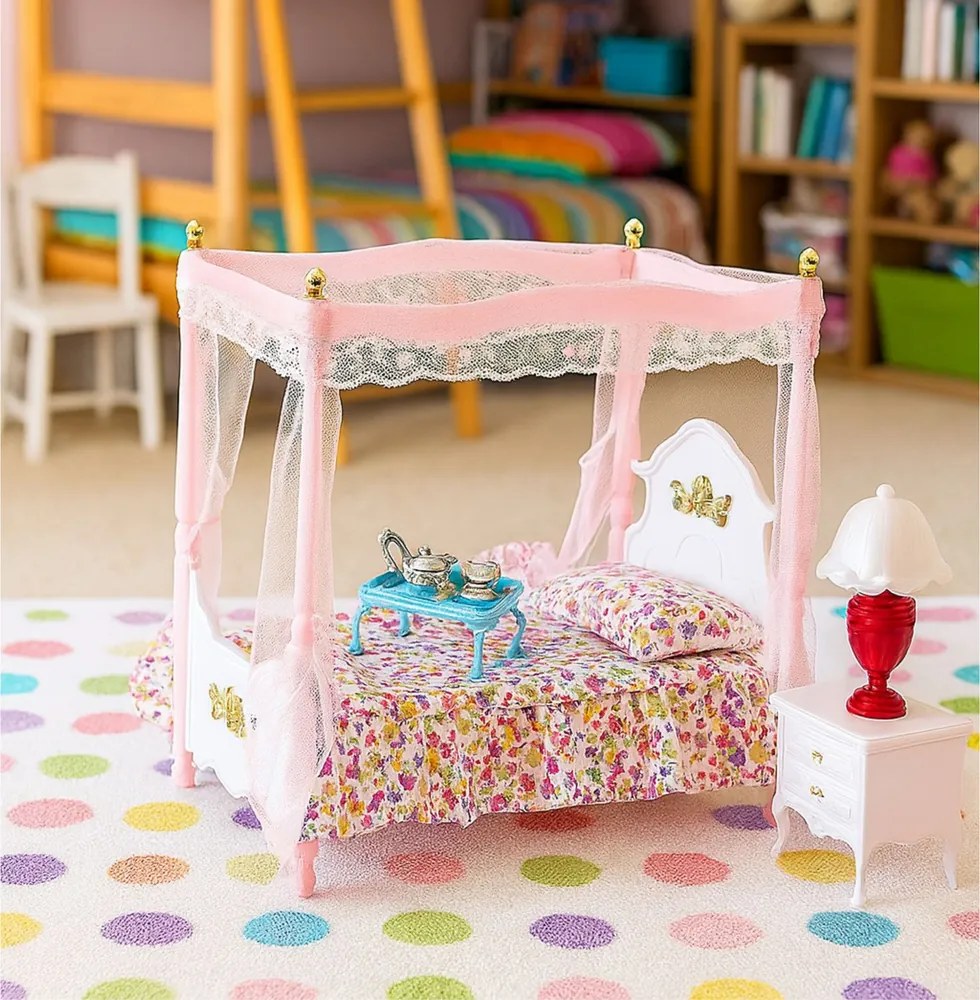 LEAN Toys Sada nábytku pre bábiky: posteľ s baldachýnom, nočné stolíky a lampy