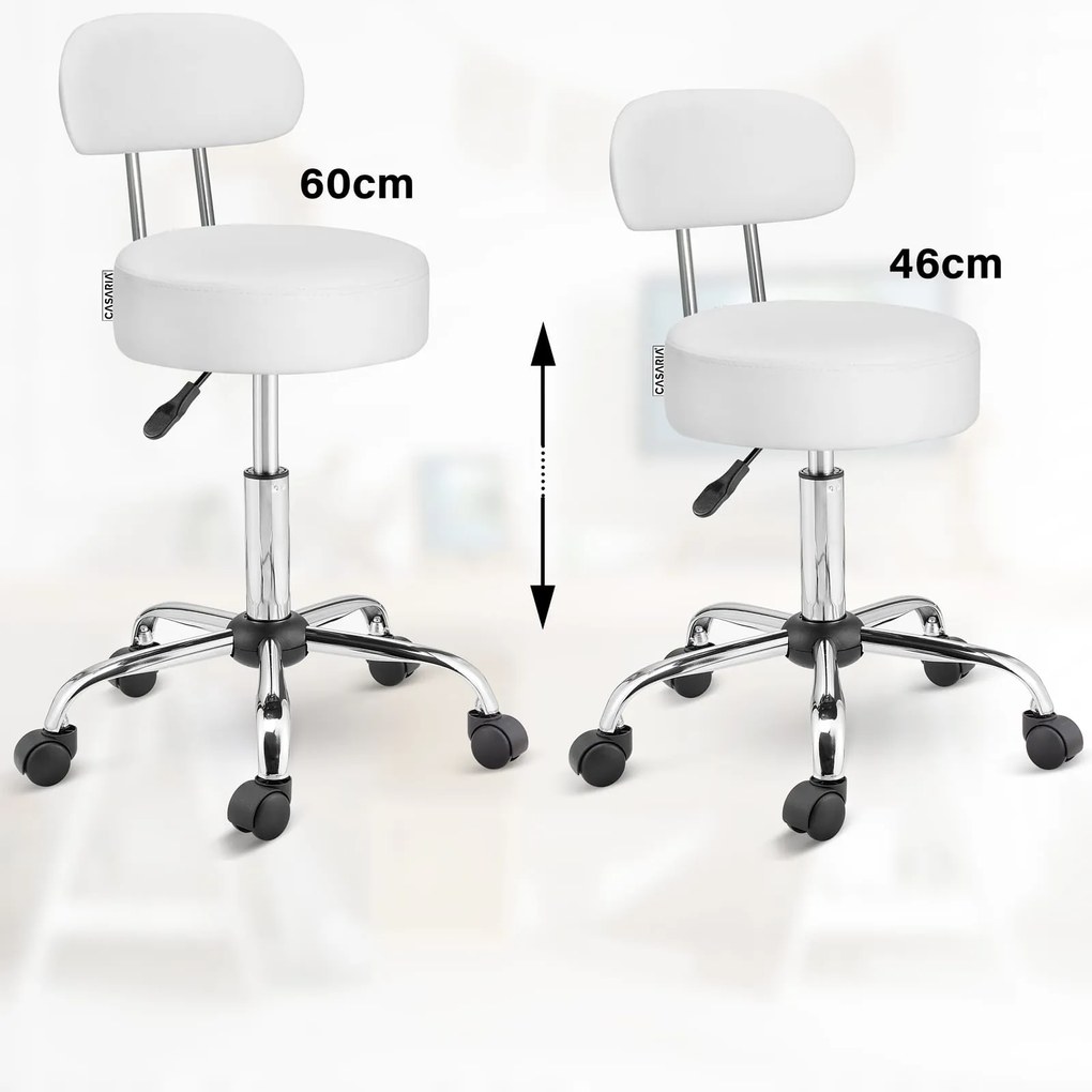 Taburetka na kolieskach s operadlom ROLAND, Ø35cm, biela Casaria