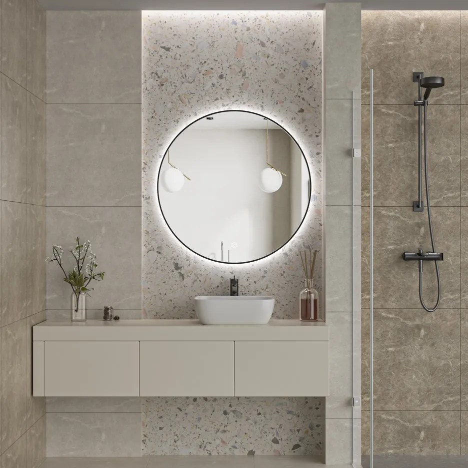 Erga Emma, okrúhle LED zrkadlo 90cm, čierny kovový rám, 2070 lm, 6500K, zadné osvetlenie, ERG-V01-201-9090-BK