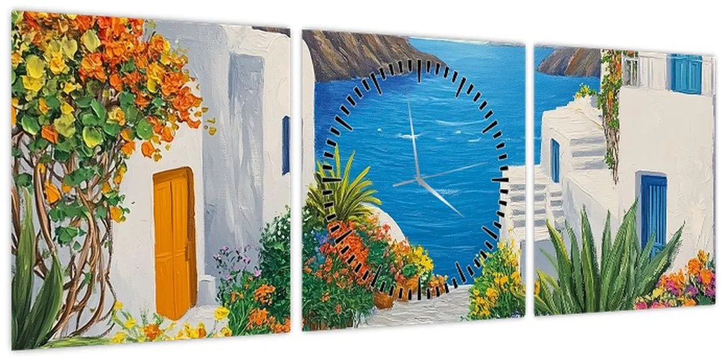 Obraz - Grécka ulička (s hodinami) (90x30 cm)