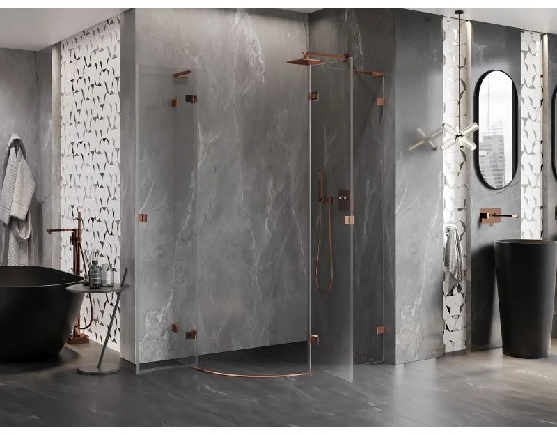 Mexen Lunar, L pravý polkruhový sprchový kút 80 x 70 cm, 8mm číre sklo, profil ružové zlato, 833L-080P-070L-60-00