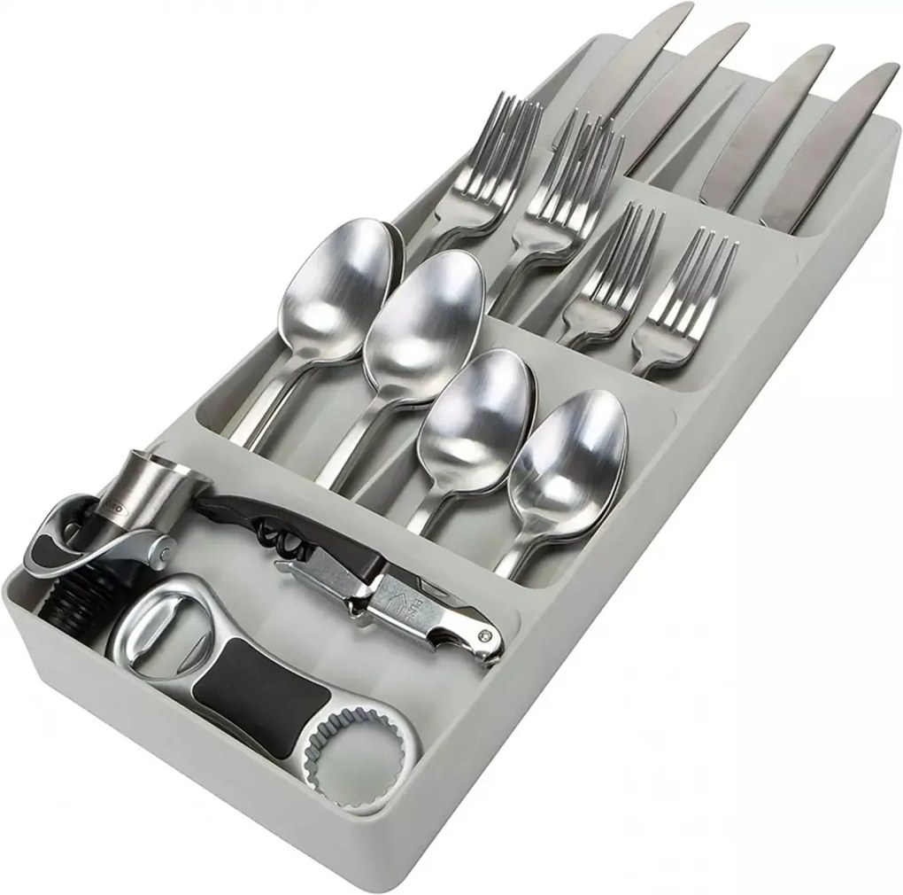 Organizér do úzkého šuplíku na příbory, příborník 7 přihrádek, plastový, šedý - 40 x 16 cm