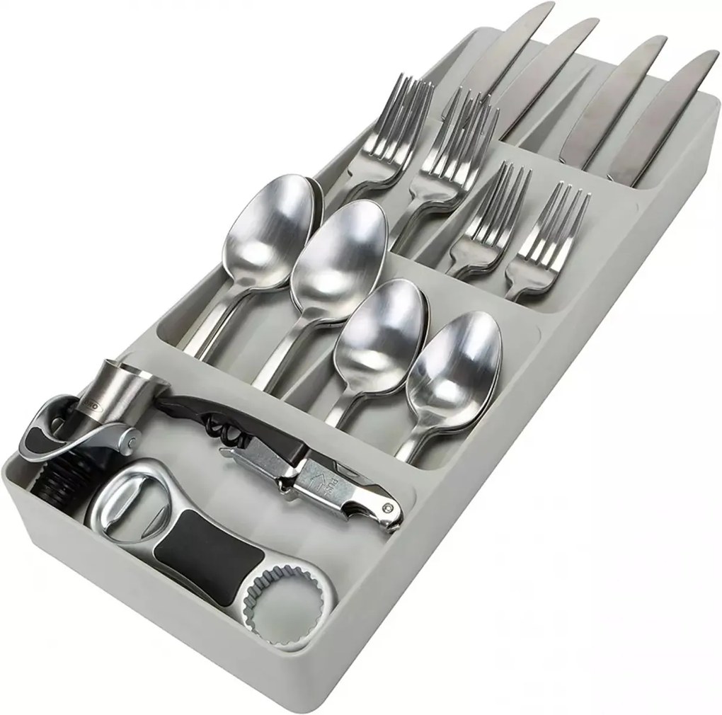 Organizér do úzkej zásuvky na príbory, príborník so 7 priehradkami, plastový, sivý - 40 x 16 cm