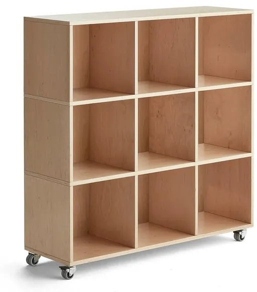 Drevená úložná skriňa RICO, s kolieskami, 9 priehradiek, Š 1200 mm, breza