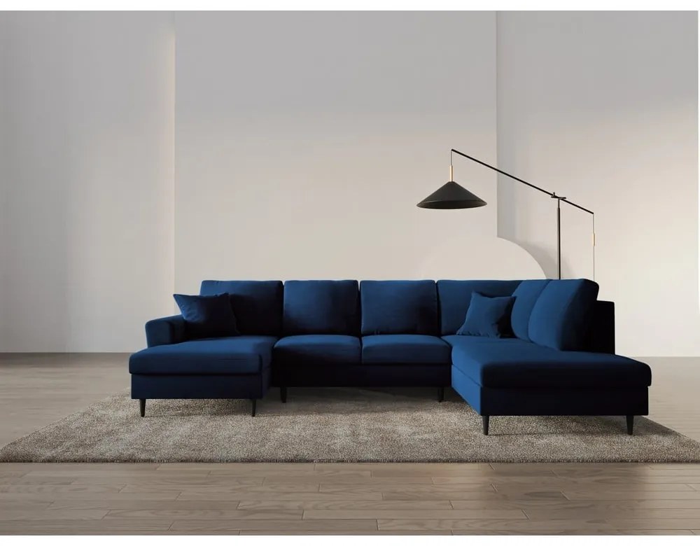 Modrá zamatová rozkladacia/s úložným priestorom rohová pohovka (pravý roh/do "U") Kyoto – Cosmopolitan Design