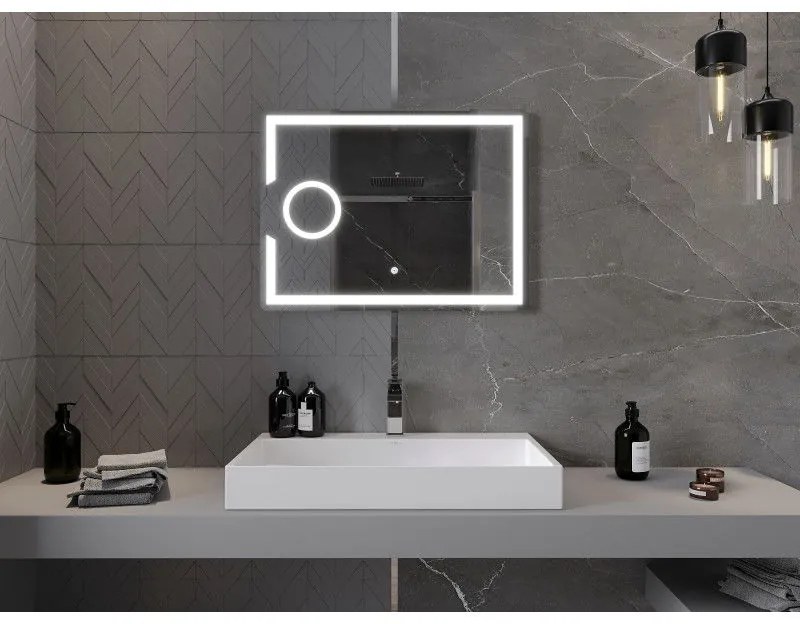 Mexen Onyx, LED kúpeľňové zrkadlo s podsvietením a kozmetickým zrkadielkom 80x60 cm, 6000K, ochrana proti zahmlievaniu, 9813-080-060-611-00