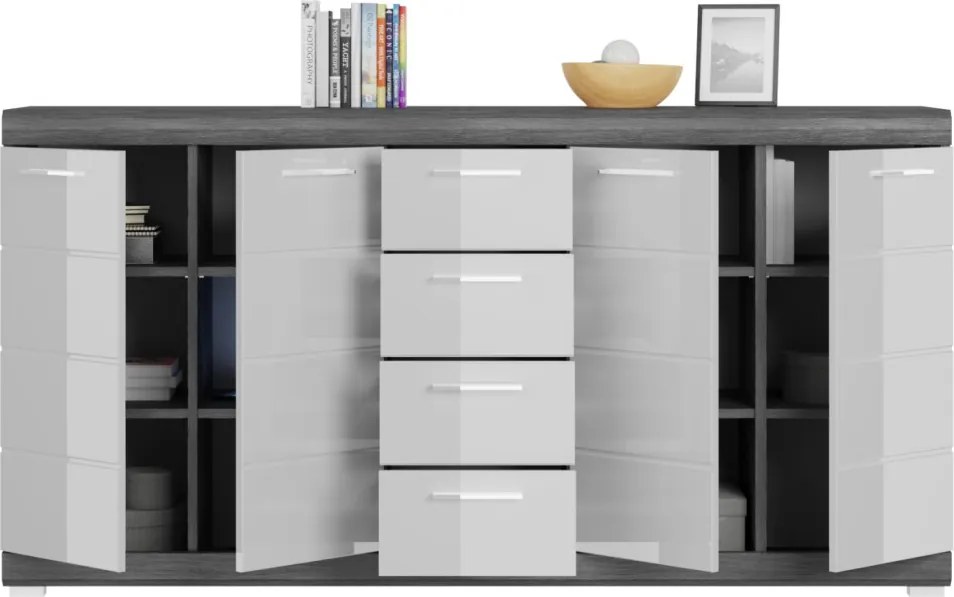 Široká komoda Scout, 165 cm, sivý dub/biely lesk