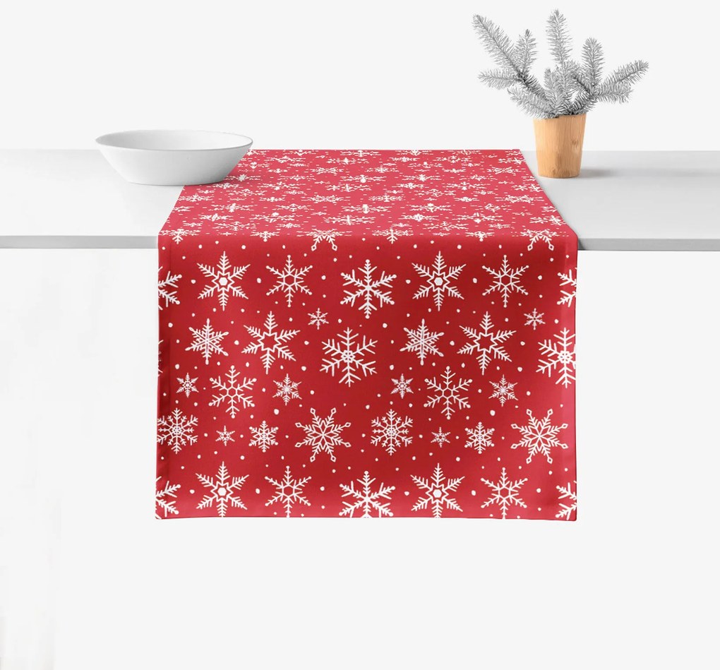Goldea vianočný behúň na stôl valencia - biele vločky na červenej 50x140 cm