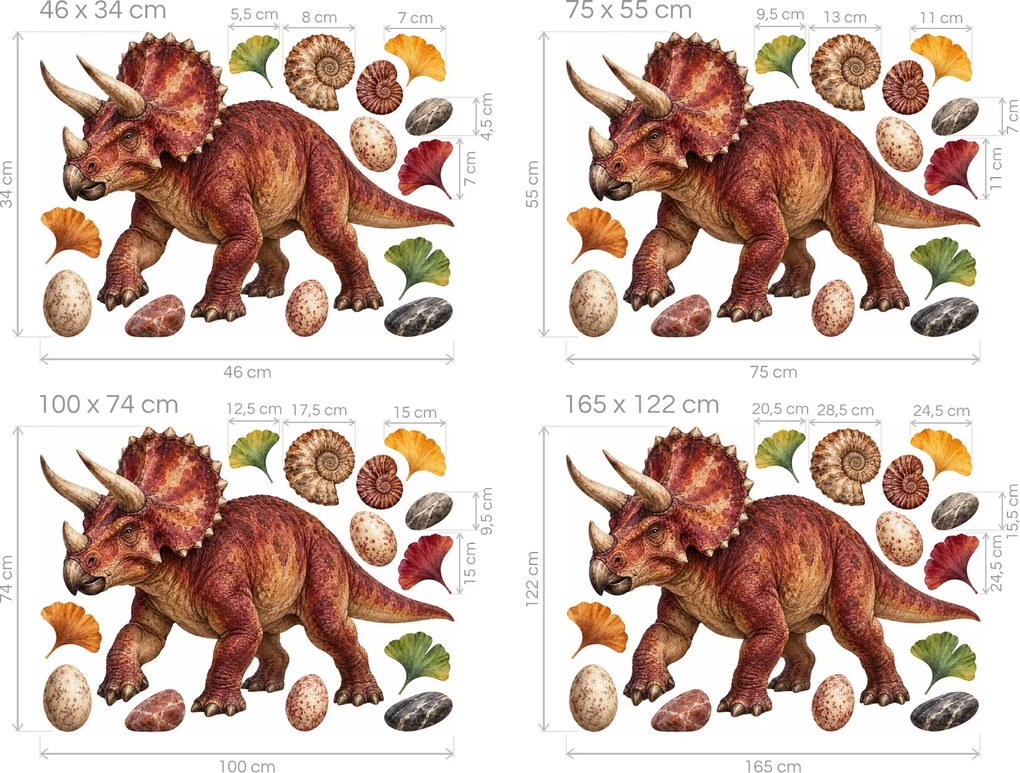 Realistický červený triceratops realistické dinosaurie nálepky do chlapčenskej izby na stenu arch 46 x 34 cm