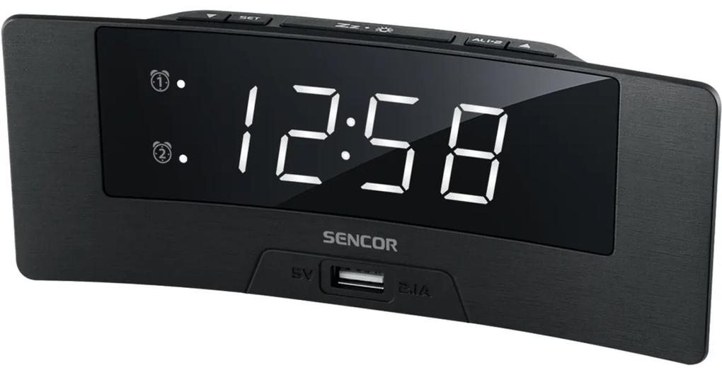 Sencor SDC 4912 WH hodiny s budíkom a USB nabíjačkou, čierna