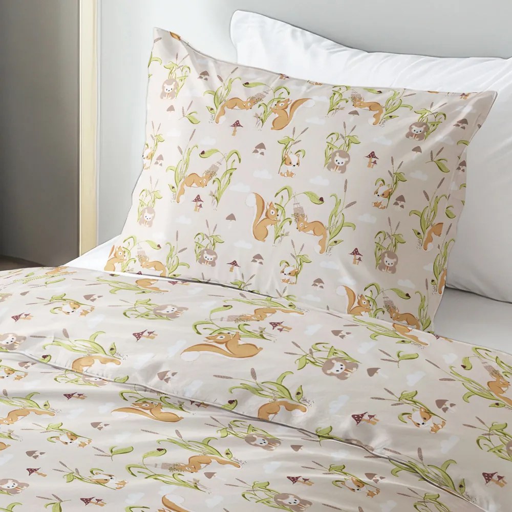 Biante Detské bavlnené posteľné obliečky Sandra SA-695 Veveričky a ježkovia na svetlo béžovom Jednolôžko 140x200 a 70x90 cm