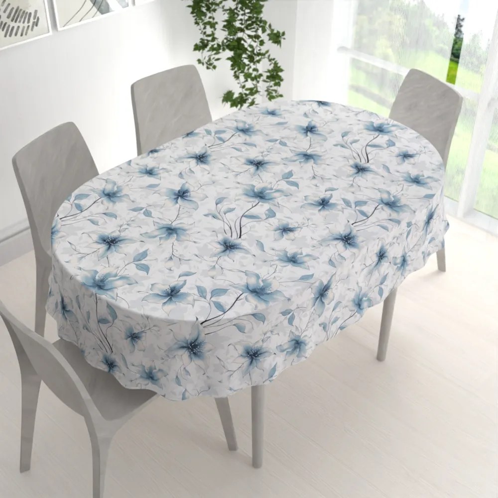 Biante Bavlnený oválny obrus Sandra SA-737 Modro-sivé kvety vanilky na bielom 60x100 cm