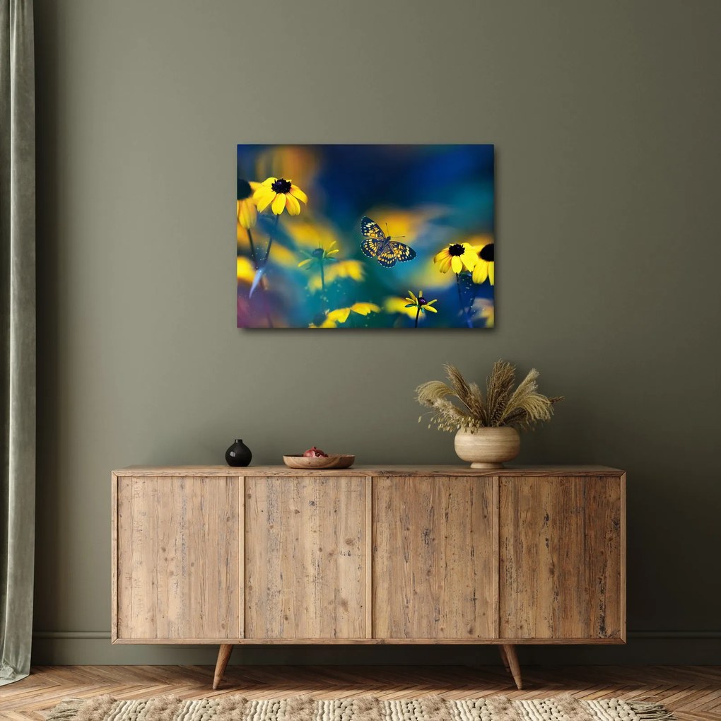 Obraz - Žltý motýľ s kvetmi (70x50 cm)