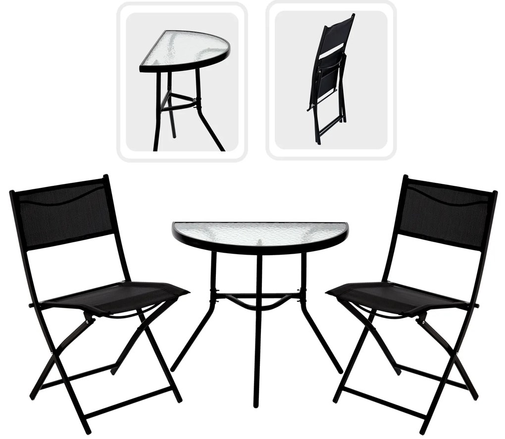 Balkónový set: 2 Skladacie stoličky a polkruhový stolík - čierny