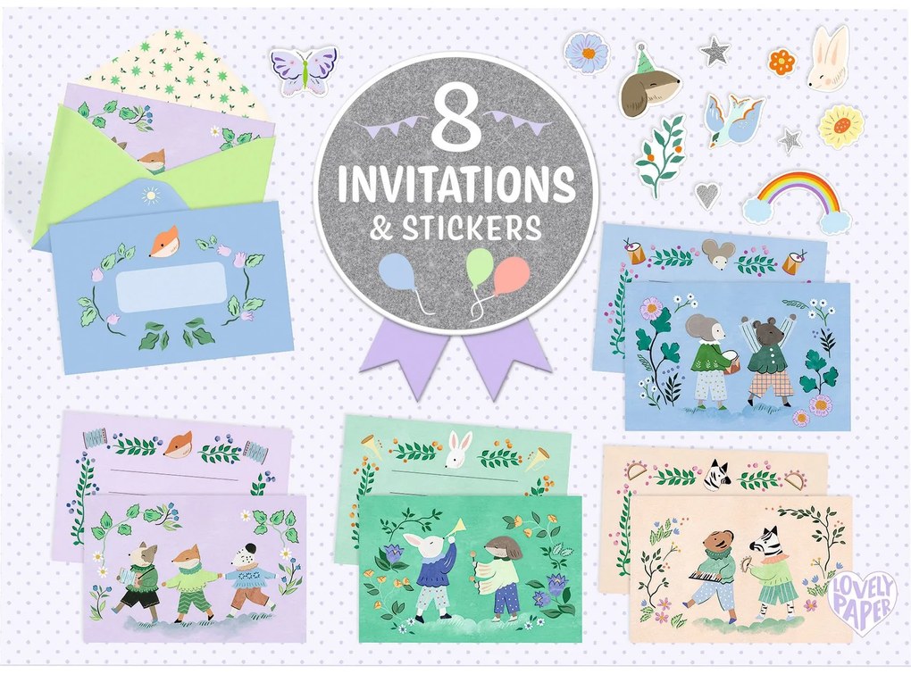 Súprava pozvánok na detskú oslavu – zvieracia kapela