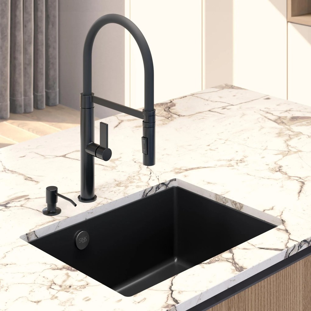 Sink Quality Crypton 60, kuchynský granitový drez 535x400x205 mm + čierny sifón, čierna škvrnitá, SKQ-CRY.B.1KBO.60.XB