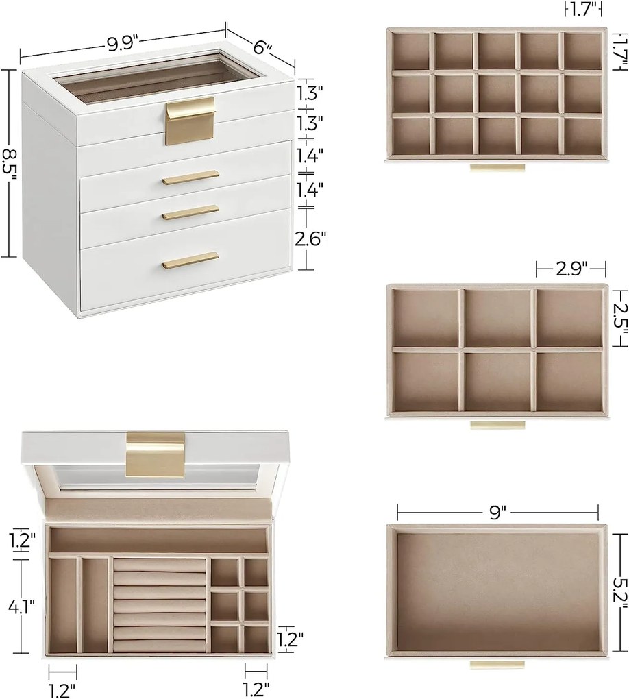 Šperkovnica, 4 zásuvky, bielo-zlatá, 21,5x25,1x15,3cm