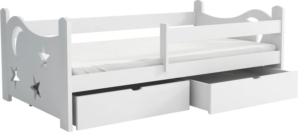 Detská posteľ z masívu borovice STARS s výrezom a šuplíkmi - 200x90 cm - BIELA
