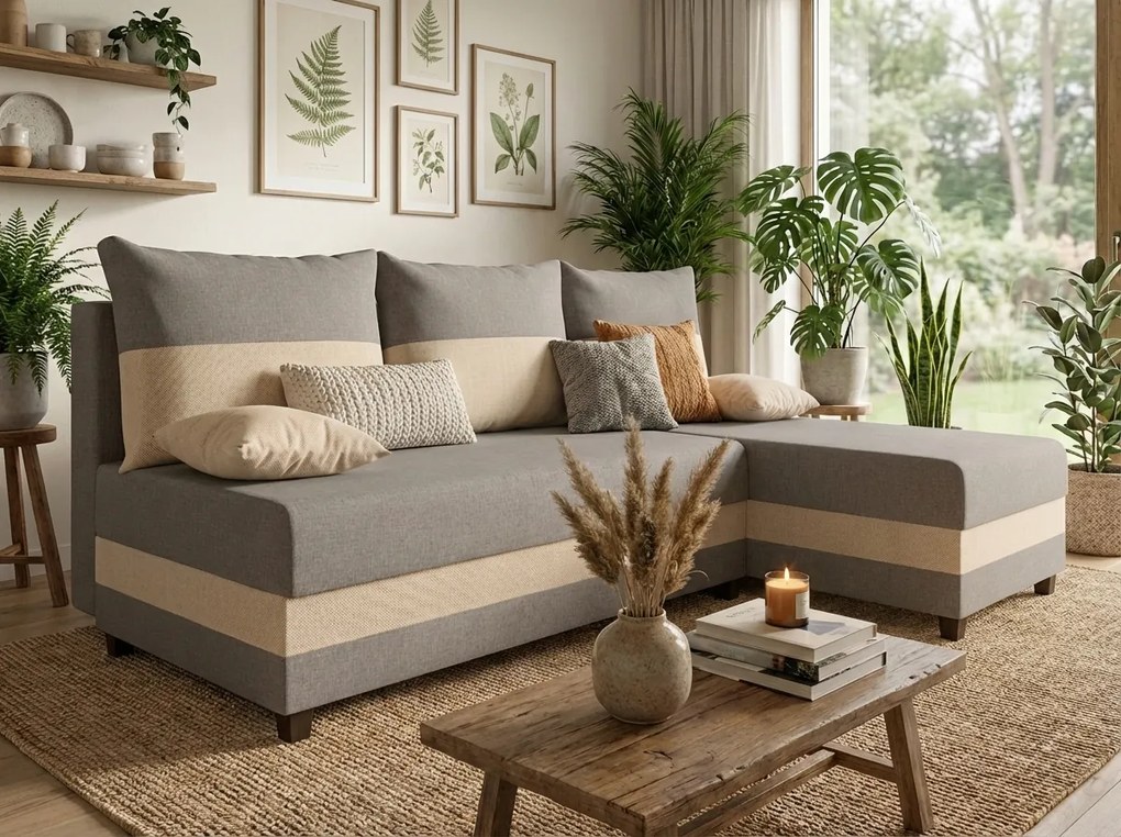 Rozkladacia obojstranná sedacia súprava do L VALERIO SLIM 200x140 cm, svetlosivá/béžová + 2 vankúšiky ZDARMA