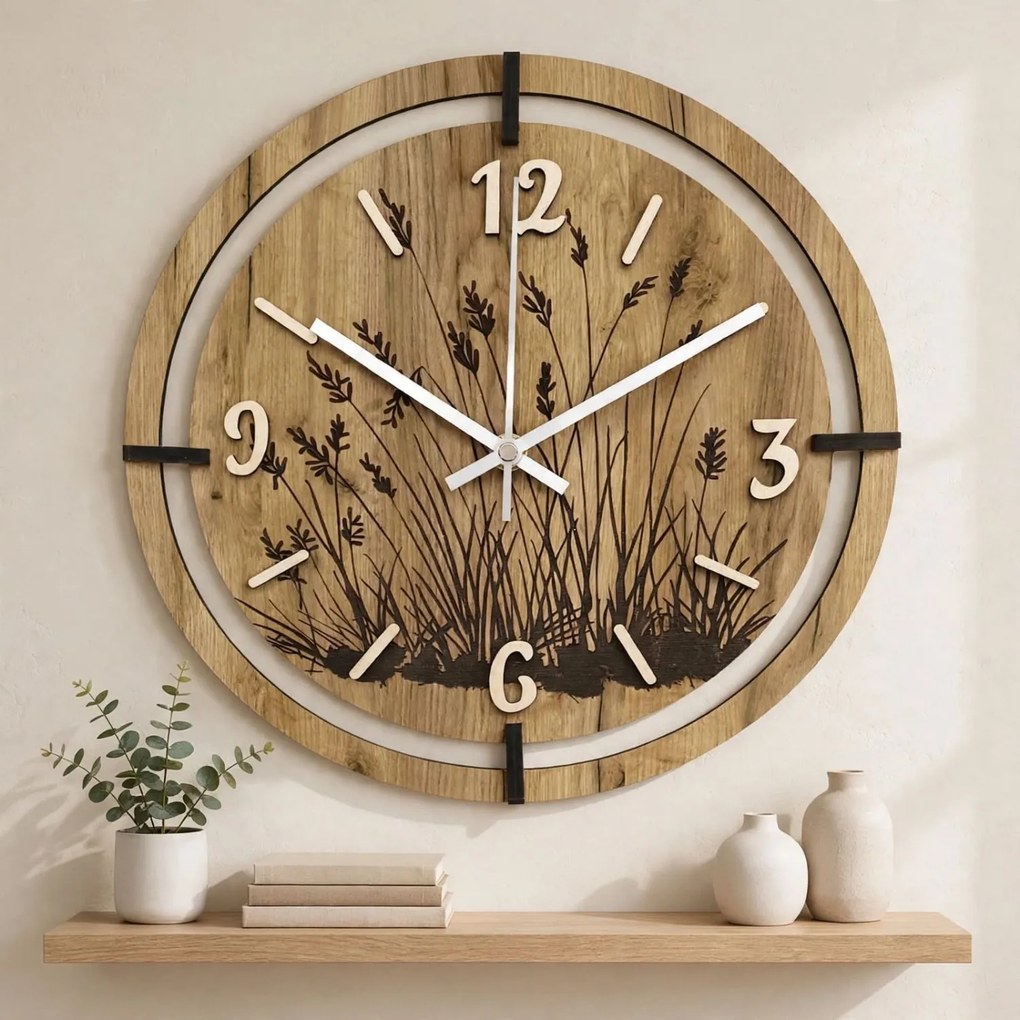 Drevené nástenné hodiny s motívom lúčnych tráv | LIANA: HDF - Javor 30 cm 4809-115521 HDF0705-ruky-silver