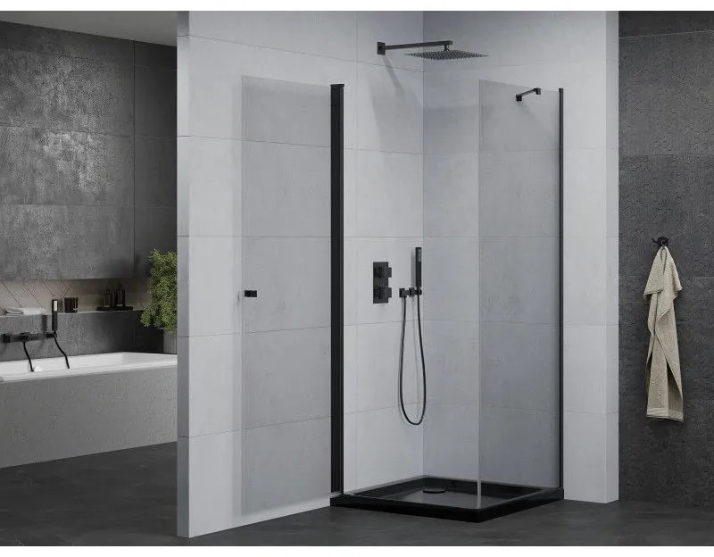 Mexen Pretoria, sprchovací kút 100 (dvere) x 100 (stena) cm, 6mm číre sklo, čierny profil + čierna sprchová vanička, 852-100-100-70-00-4070B