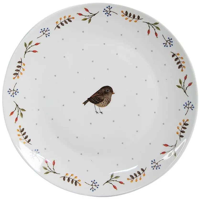 Biely keramický dezertný tanier s motívom vtáčika Moineau - Ø 20*2 cm