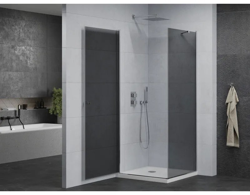 Mexen Pretoria, sprchovací kút 100 (dvere) x 100 (stena) cm, 6mm šedé sklo, chrómový profil + biela sprchová vanička, 852-100-100-01-40-4010
