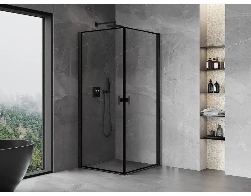 Mexen Mist-B Duo, 2-krídlový výklopný sprchový kút 70 x 70 cm, číre sklo-čierny rám, 8A2-070L-070P-70-70