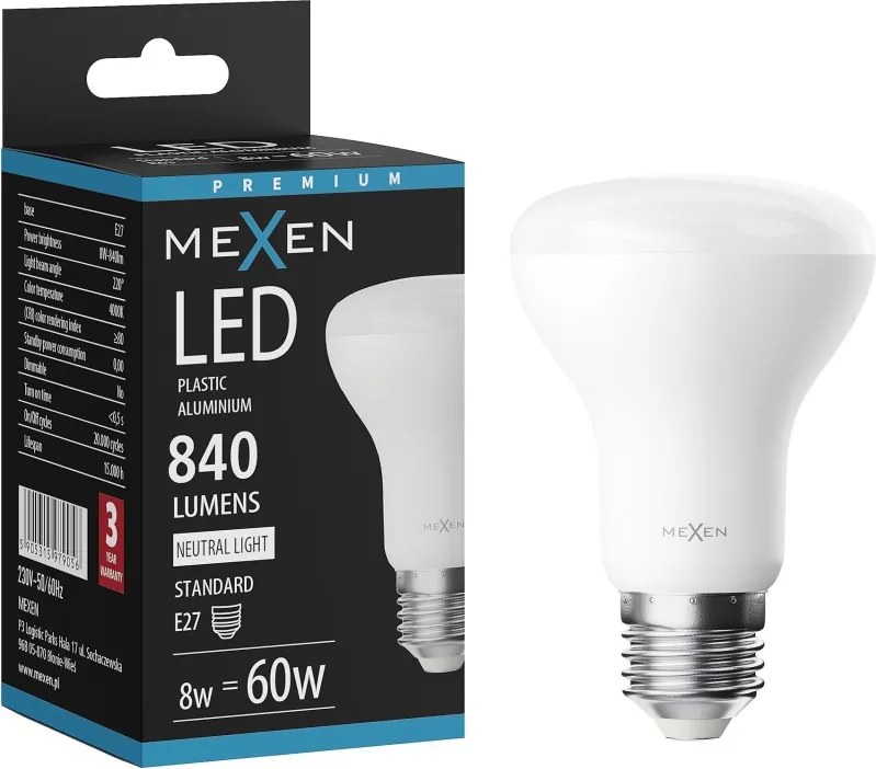 Mexen Nova, LED žiarovka E27, R63, 8W, Neutrálna - 4000K, 840 lm - L104-E27-0840-01