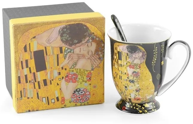 HOME ELEMENTS Porcelánový hrnček s lyžičkou 280 ml, Klimt Bozk, čierny