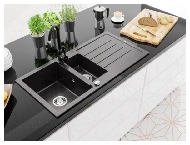 Granitový kuchynský drez s batériou MEXEN ANDRES s čiernou škvrnou