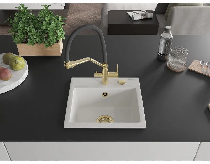 Mexen Milo, granitový drez 435x410x171 mm, 1-komorový a drezová batéria Duo, biela, 6505-20-671701-57-G