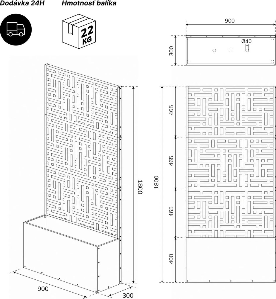 Záhradná kovová pergola s kvetináčom 3v1 čierna, 900x1800x300 mm: ROSE