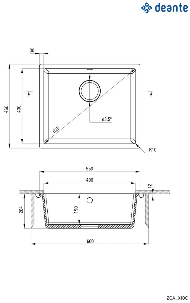 Deante Corda, granitový drez pod dosku 550x460x204 mm, 3,5" + priestorovo úsporný sifón, 1-komorový, antracitová metalíza, ZQA_T10C