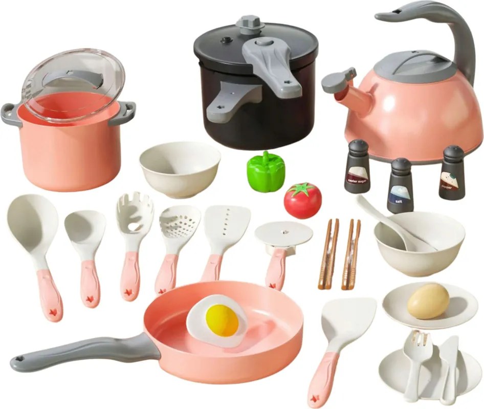 LEAN Toys Kuchynská súprava Hrnce Príslušenstvo na varenie Jedlo Ružová 32 el.