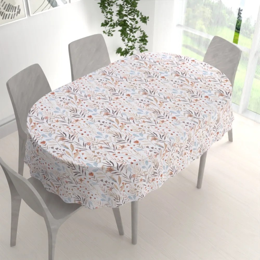 Biante Dekoračný oválny obrus Leona LN-163 Jesenné vetvičky na bielom 130x160 cm