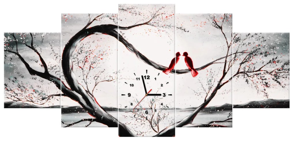 Gario Obraz s hodinami Vtáčia láska - 5 dielny Rozmery: 150 x 105 cm